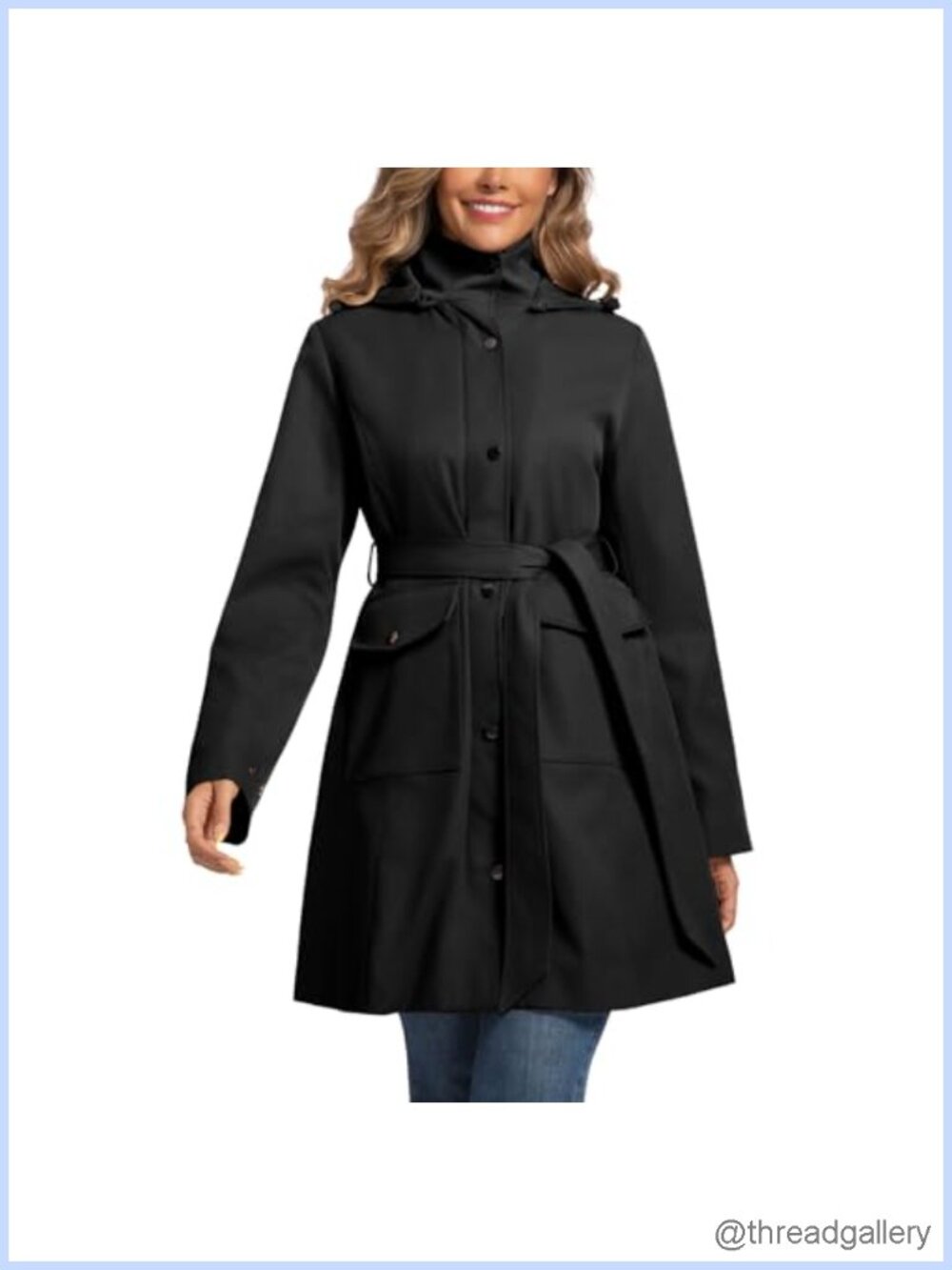 Women's Trench Coat with Detachable Hood and Belt Water Resistant